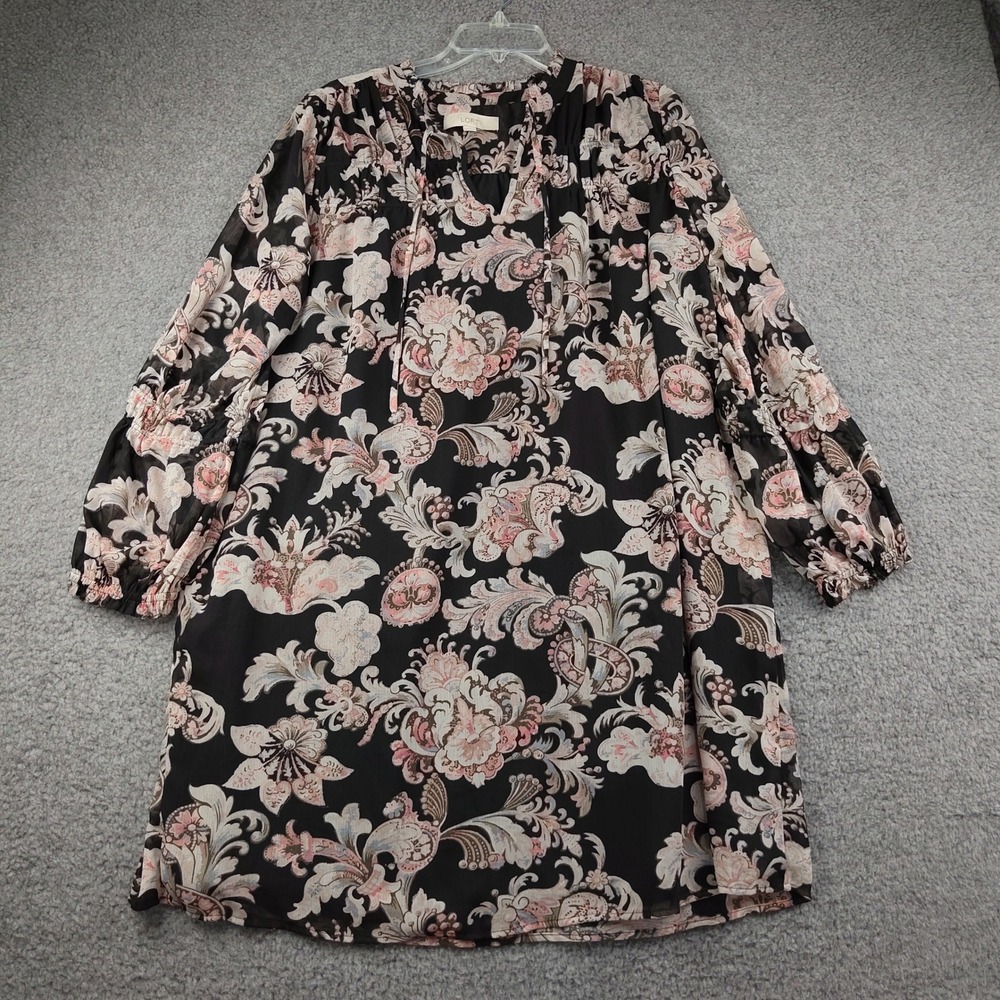 LOFT Mini Dress Sz Large Paisley Floral Long Sleeve Black Pink Cottagecore EUC